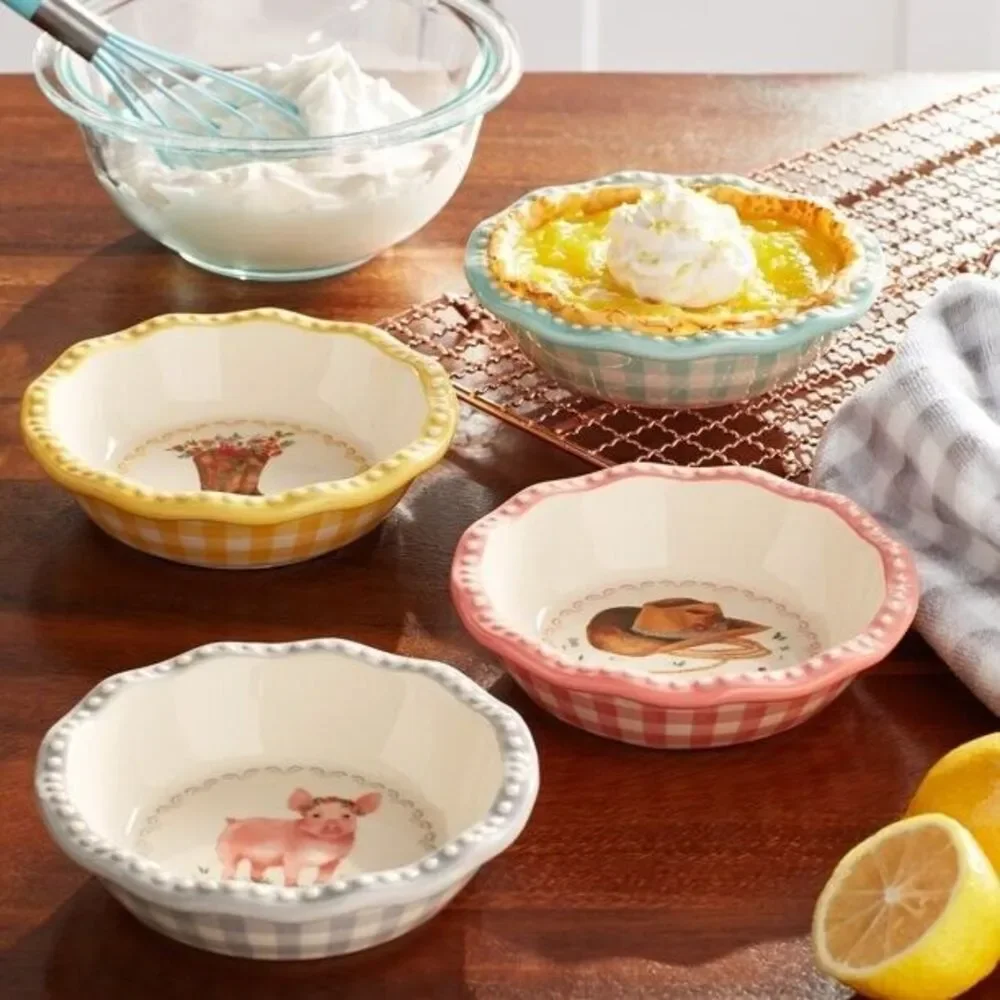 Pioneer Woman Sweet Romance Mini Pie Pans 4Pk GrayYellow Blue Pink Ceramic 4.75